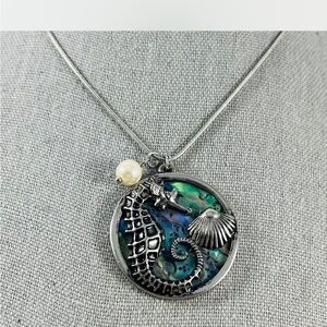 Silver Seahorse Pendant Necklace with Blue Accents